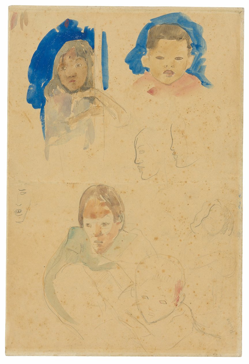 Skisser av barn, en kvinne og profiler (recto), Skisser av hester og barn (verso) av Paul Gauguin