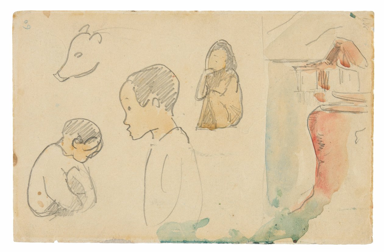 Skisser av hukende og stående figurer, en gris og en hytte ved vannkanten av Paul Gauguin