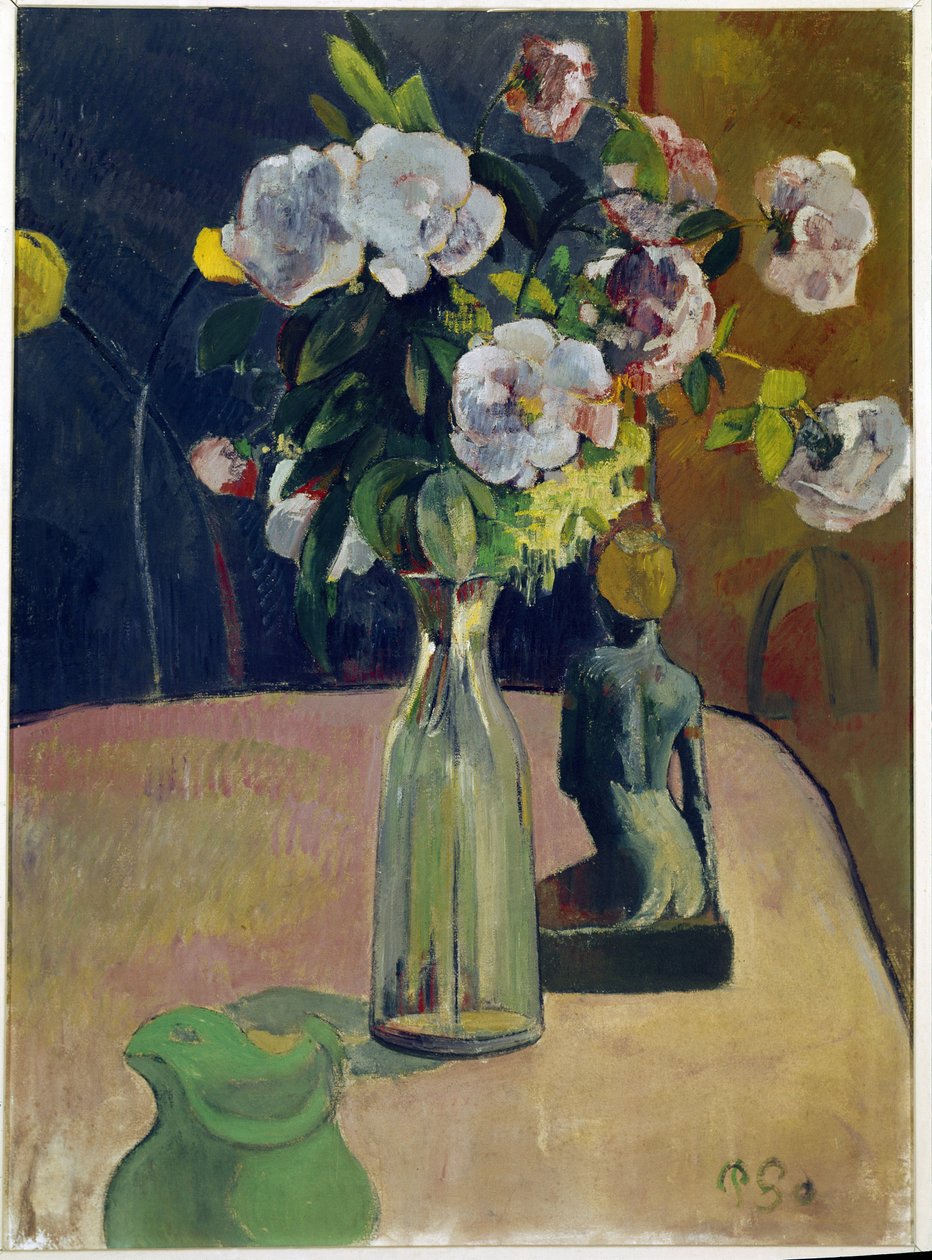 Stilleben med roser og statue (olje på lerret av Paul Gauguin