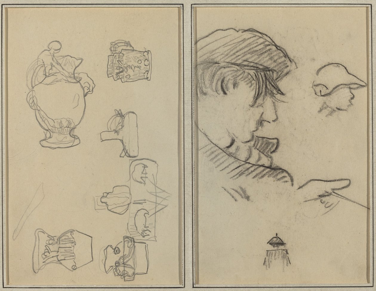 Studier av kanner og vaser; En mann med bart og en gutt med hatt [recto] av Paul Gauguin