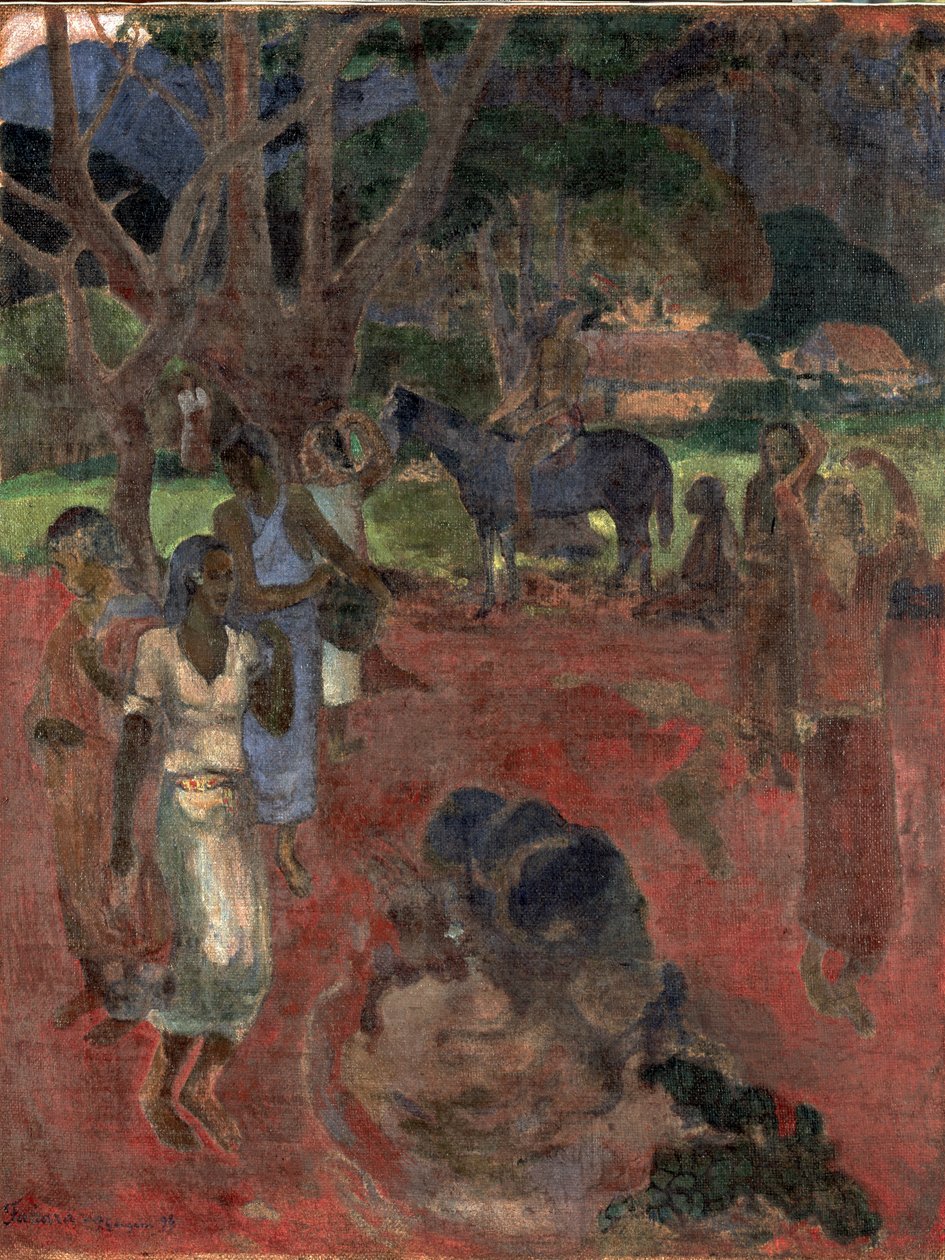 Tahitisk landskap med ni figurer. av Paul Gauguin