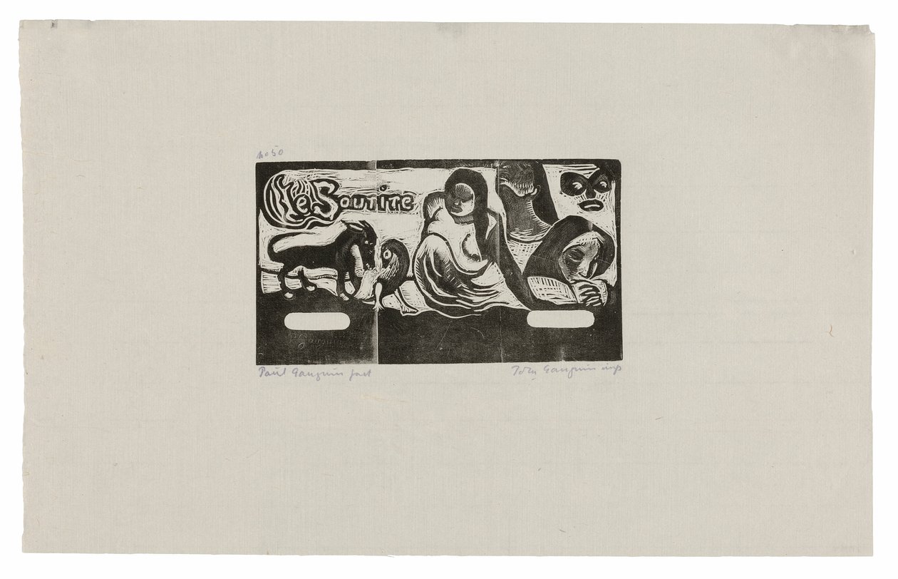 Tre personer, en maske, en rev og en fugl, hodeplagg for Le sourire av Paul Gauguin
