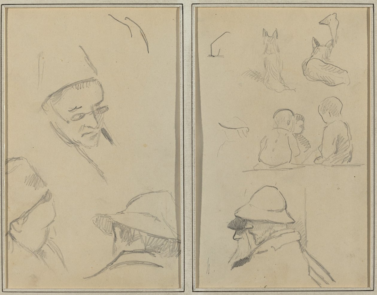 Tre studier av menns hoder, en med briller; Hunder, barn og to skjeggete menn i profil [verso] av Paul Gauguin