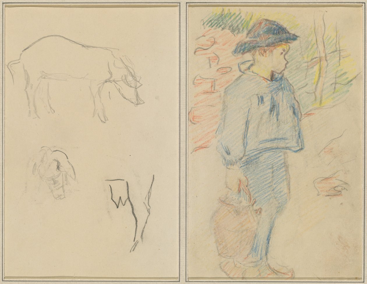Tre studier av en gris; Bretonsk gutt går med en kanne [recto] av Paul Gauguin