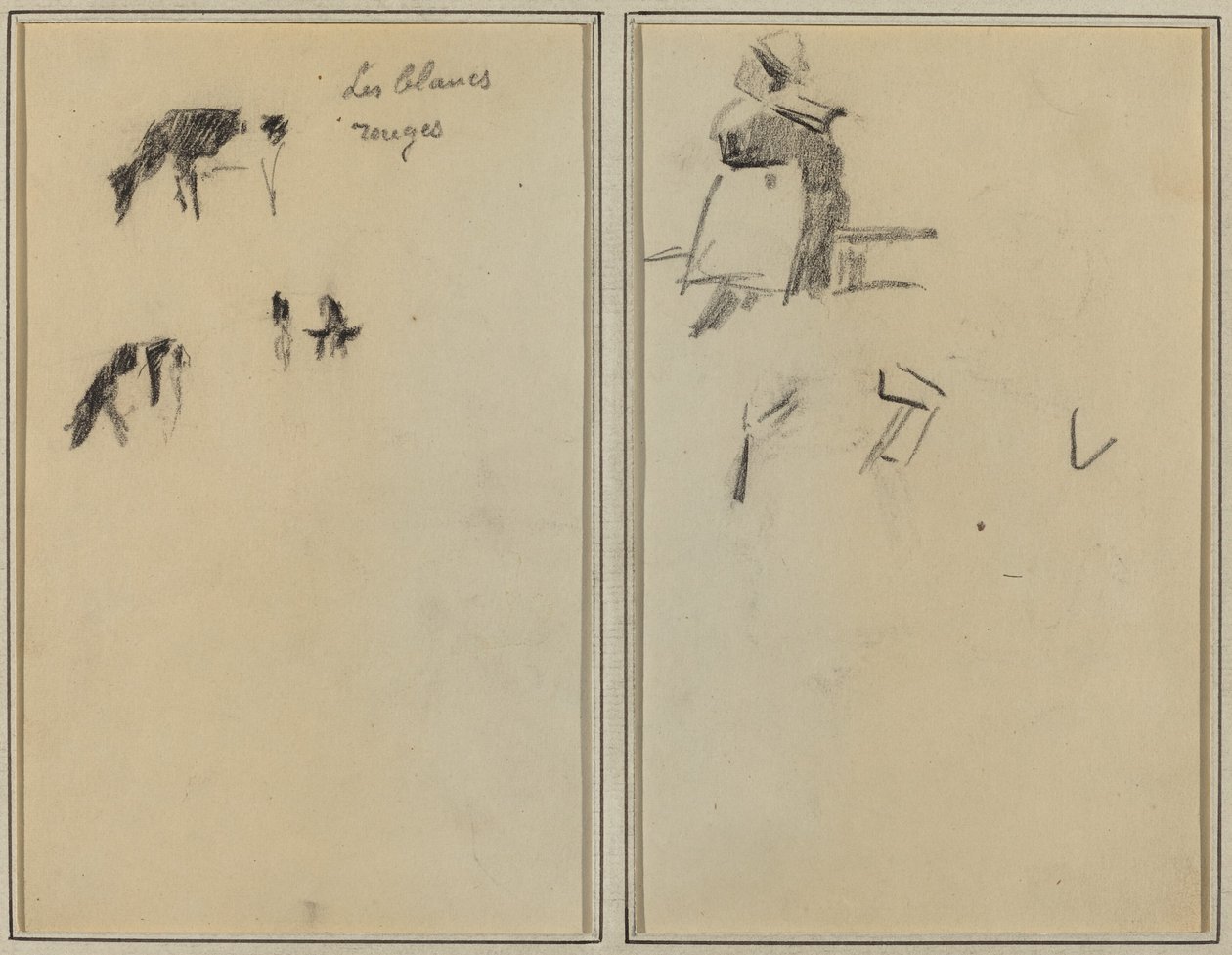 To kyr; En sittende bretonsk kvinne [verso] av Paul Gauguin