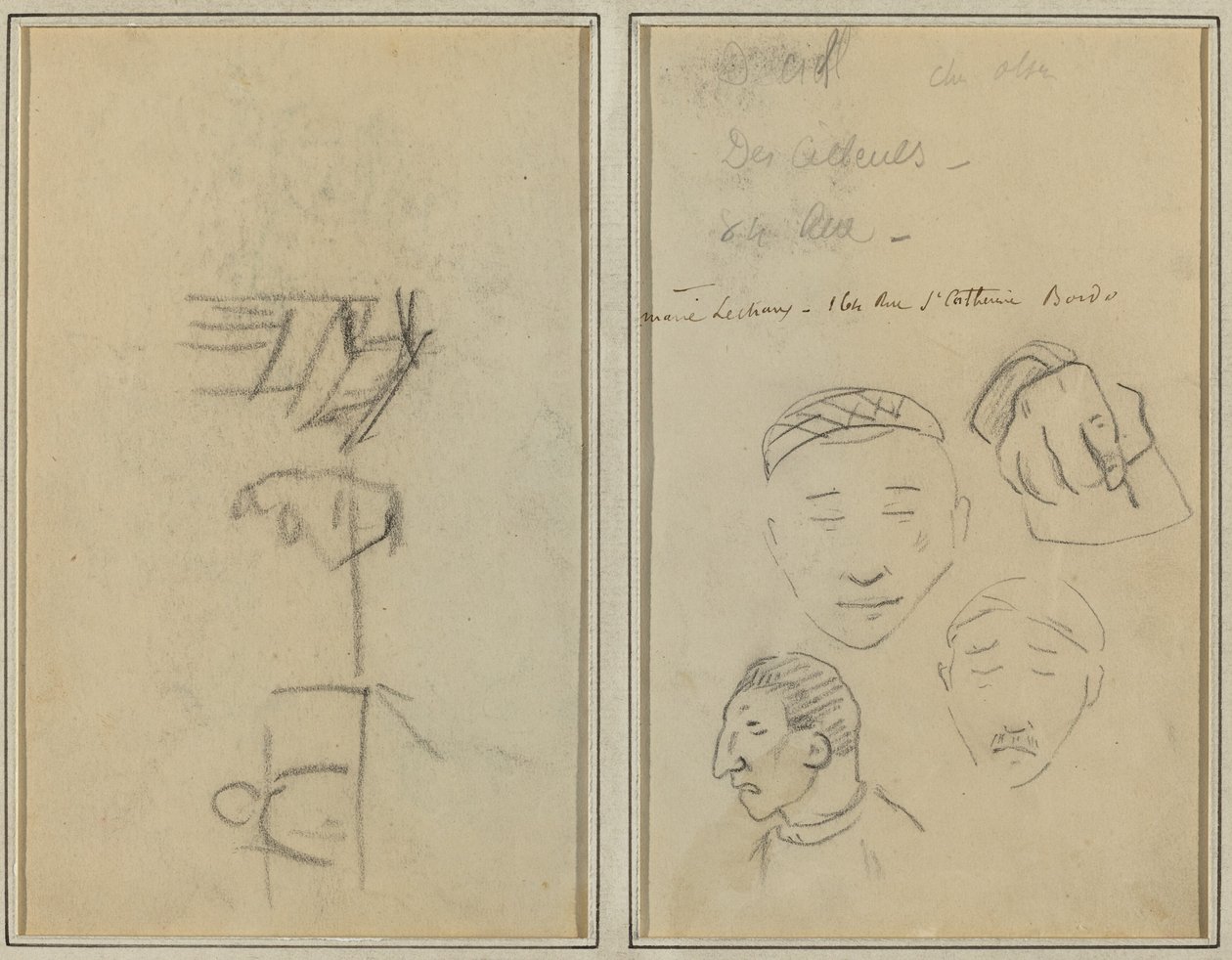 To figurer og en benk; Tre studier av menns hoder og en av en hånd [recto] av Paul Gauguin