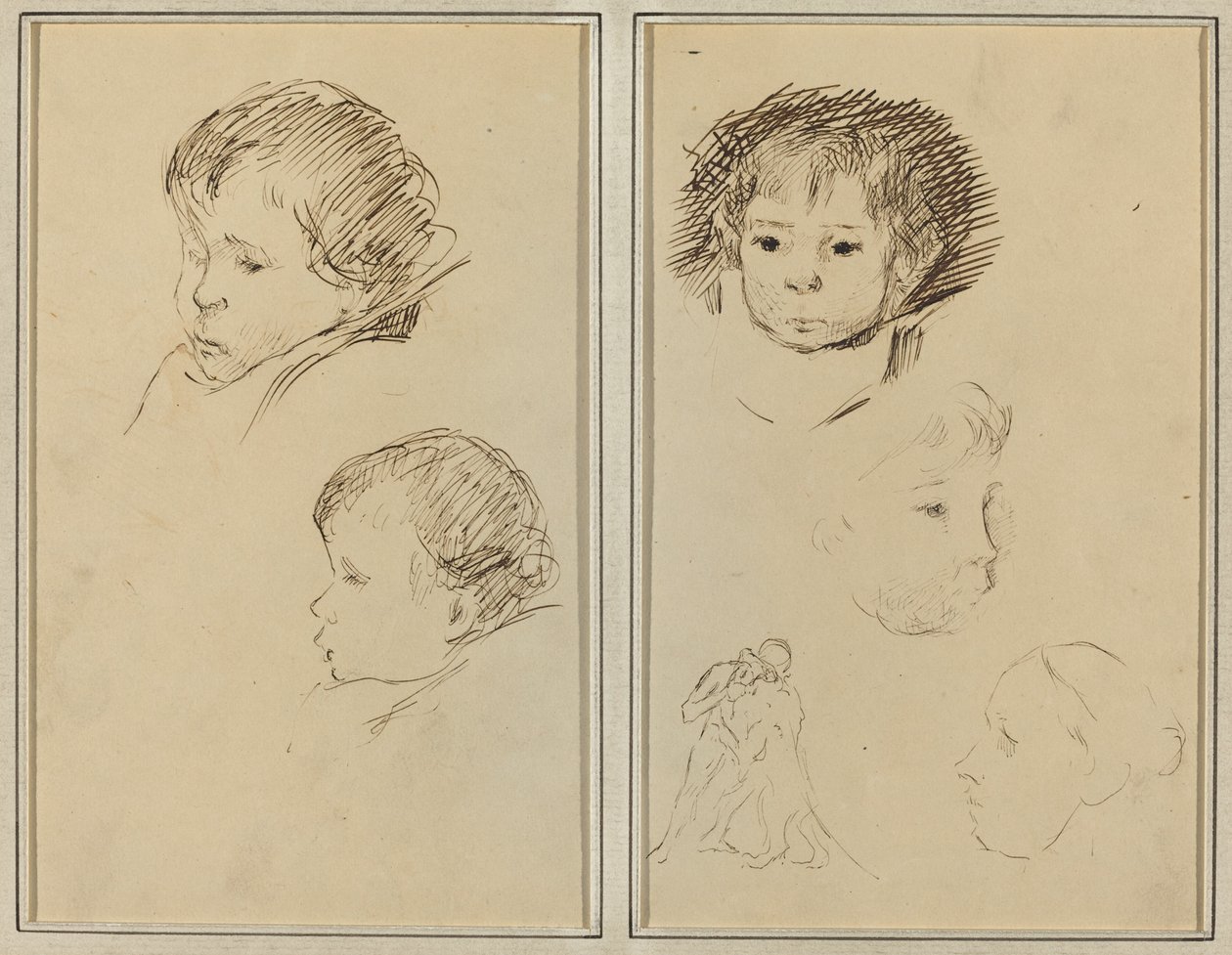 To studier av et barnehode; To studier av et barnehode, en kvinne i profil og en mann som bryter et dyr [recto] av Paul Gauguin