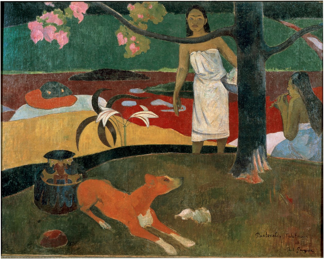 To tahitiske kvinner og en hund. (Tahitiansk pastoral). Maleri av Paul Gauguin (1848-1903) av Paul Gauguin