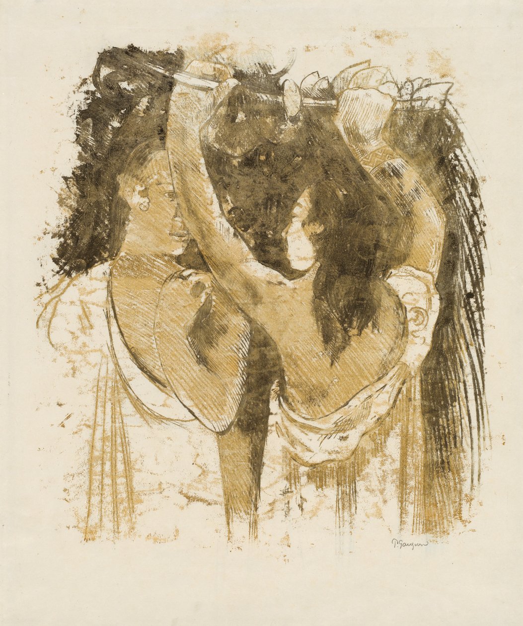 Two Tahitians Gathering Fruit [recto], 18991900.    1164526   no       norwegian Successfully Translated  Original: The Actors Otani Hiroji III as Kameo (right), and Sakata Sajuro I as Ario (left), in the Play Hime Komatsu Ne no Hi Asobi, Performed at the  av Paul Gauguin