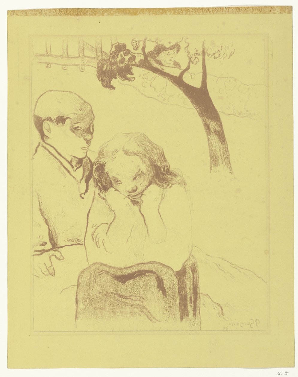 Trist kvinne som sitter med en mann Menneskelig lidelse Miseres humaines av Paul Gauguin