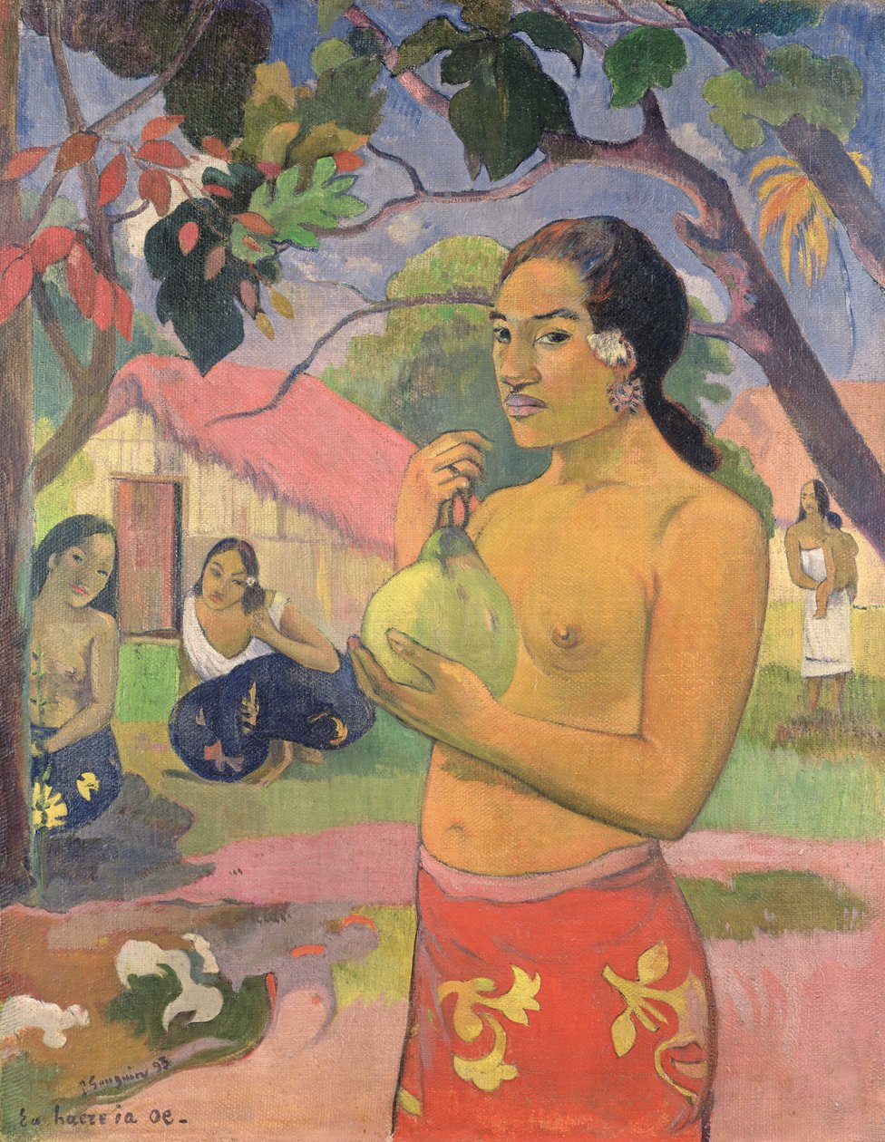 Kvinne holder en frukt; Hvor skal du (Eu haere ia oe),1893 (olje på lerret) av Paul Gauguin