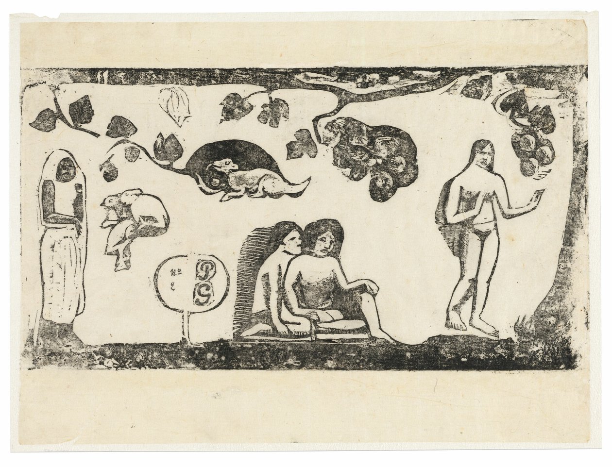 Kvinner, dyr og løvverk, fra Suite of Late Wood-Block Prints av Paul Gauguin