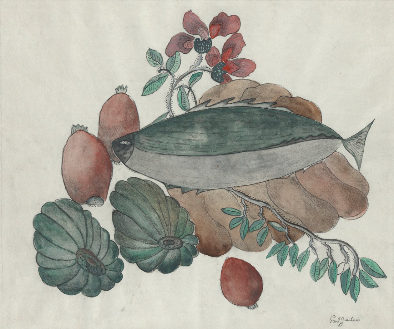 Stilleben: Fisk, blomster og grønnsaker av Paul Gaulois
