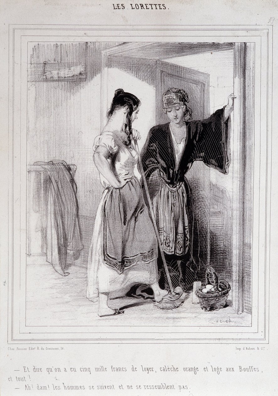 2 fattige kvinner i samtale på trappene om menn, «Les Lorettes», Gavarni, ca. 1840. av Paul Gavarni
