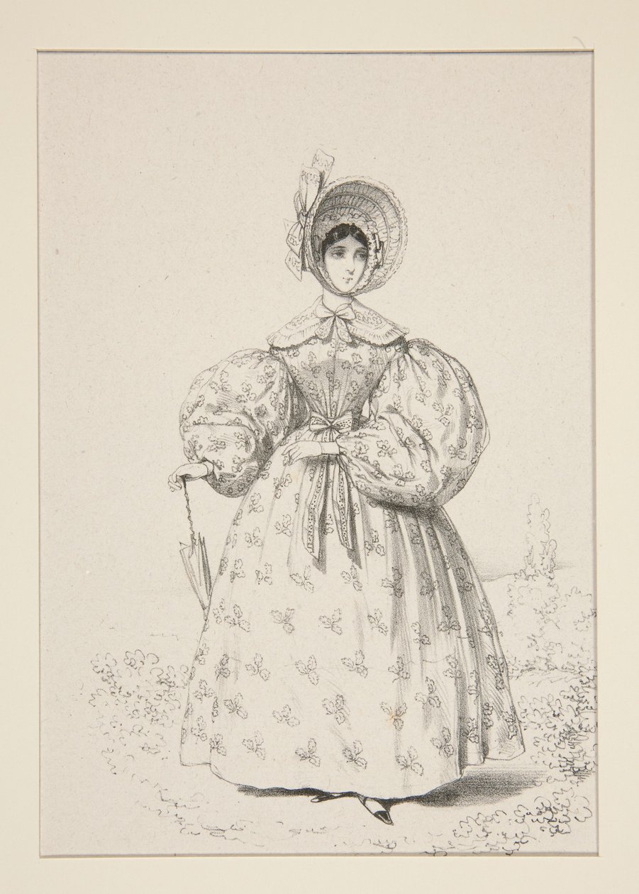 På promenaden. Mai 1835. Kjole av engelsk musselin, ... av Paul Gavarni