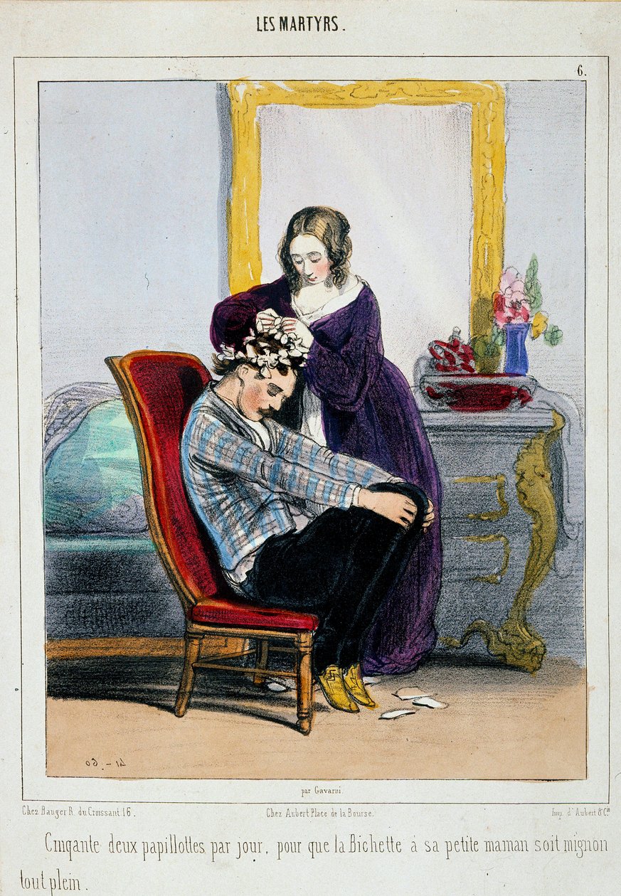 En mor setter krølltang på sønnen. Tegneserie av Paul Gavarni (1804-1866) Paris fra 1800-tallet, dekorativ kunst av Paul Gavarni