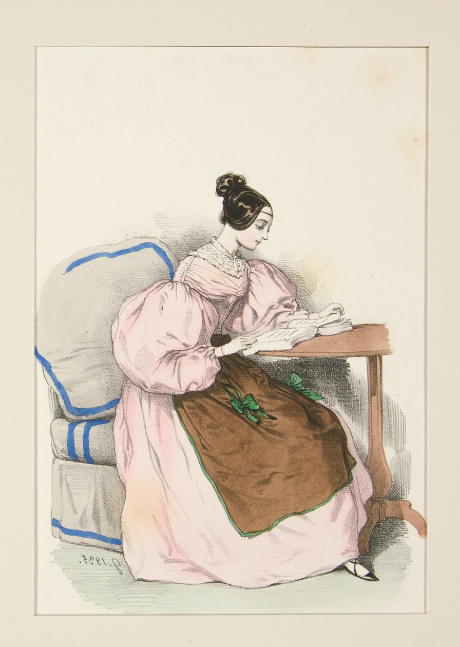 HJEMME (september 1835) Kjole i skotsk batist, ... av Paul Gavarni