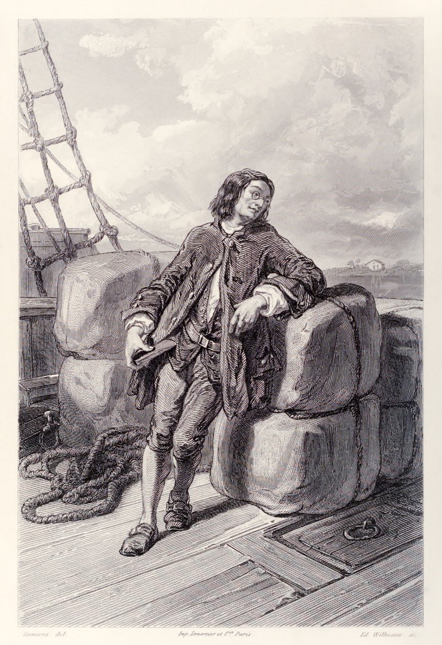 Kaptein Lemuel Gulliver til sjøs på handelsskipet sitt, fra French Edition of Gullivers Travels av Jonathan Swift av Paul Gavarni