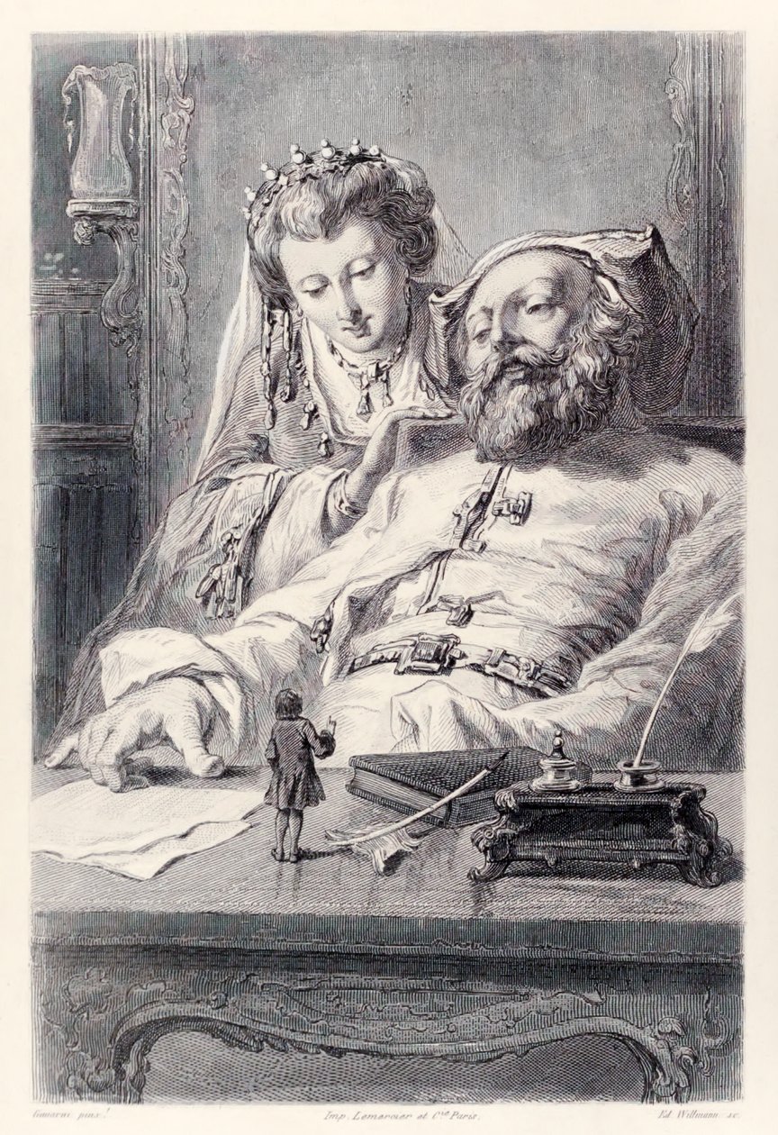 Frontispice fra den franske utgaven av Gullivers Travels av Jonathan SwiftJeg svarte riktig på Kings-spørsmålene Gulliver og kongen og dronningen av Brobdingnag. av Paul Gavarni