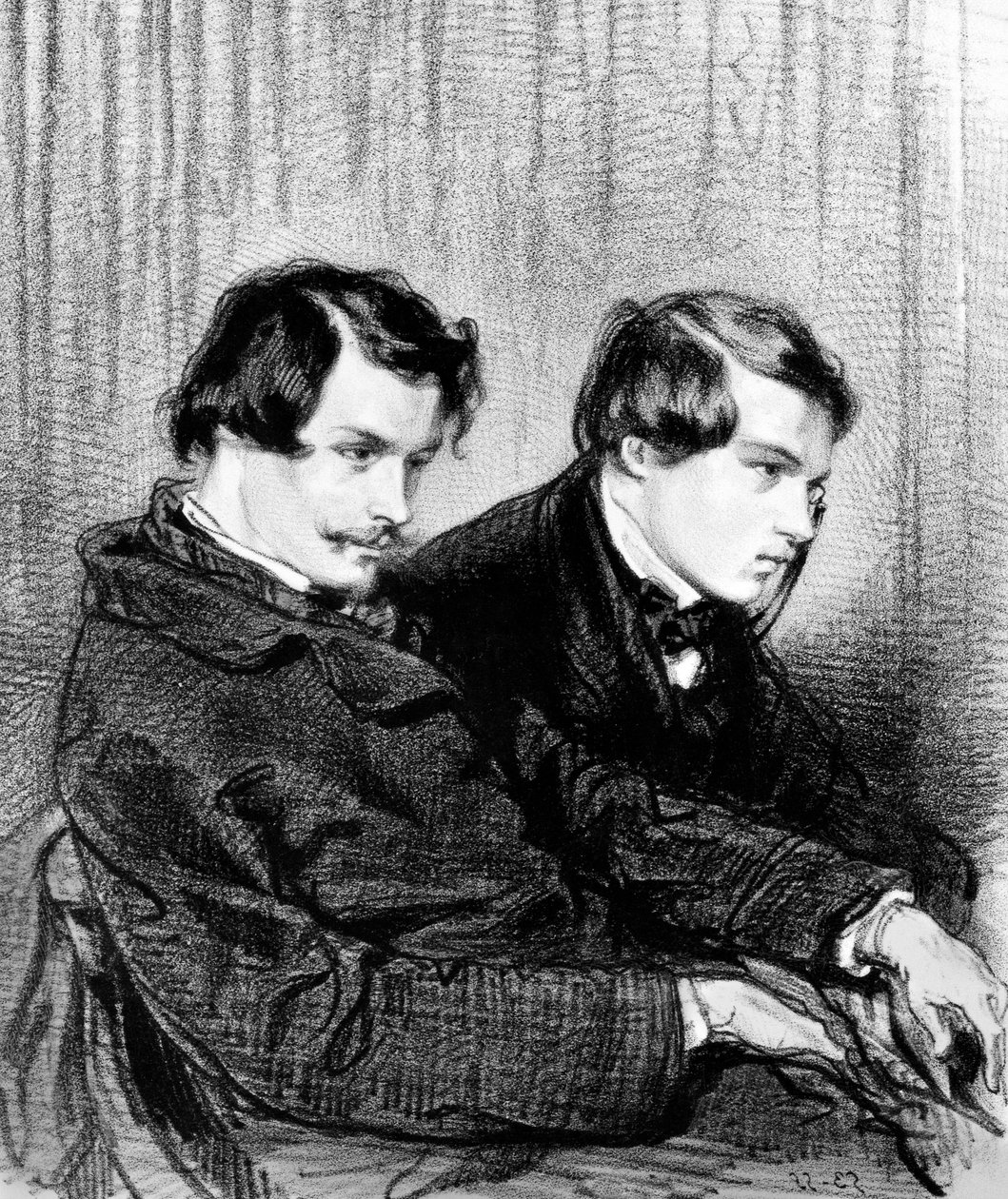 Goncourt-brødrene - Edmond de Goncourt (1822-1886) og Jules de Goncourt (1830-1870) i en boks på teatret av Paul Gavarni