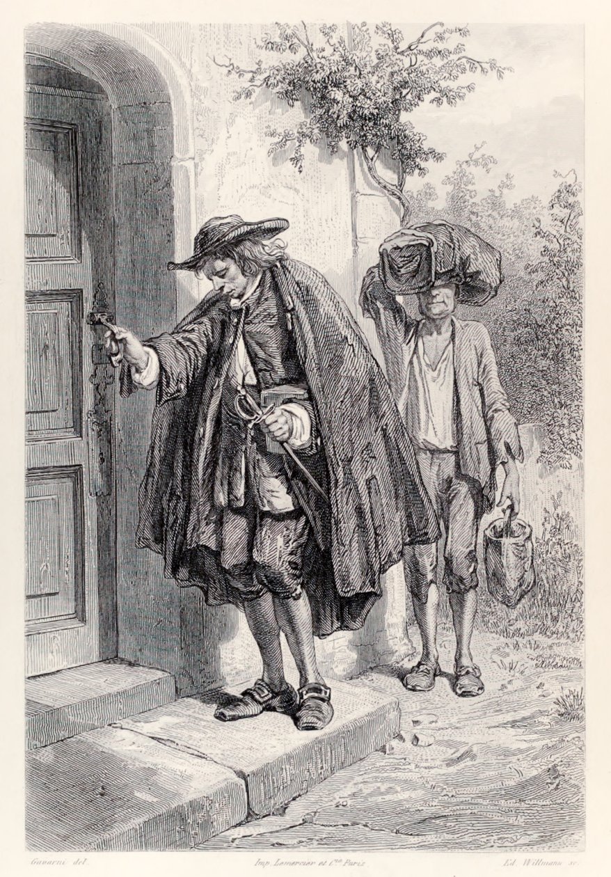 Gulliver kommer hjem klokken tre om ettermiddagen og går inn i huset, fra French Edition of Gullivers Travels av Jonathan Swift av Paul Gavarni