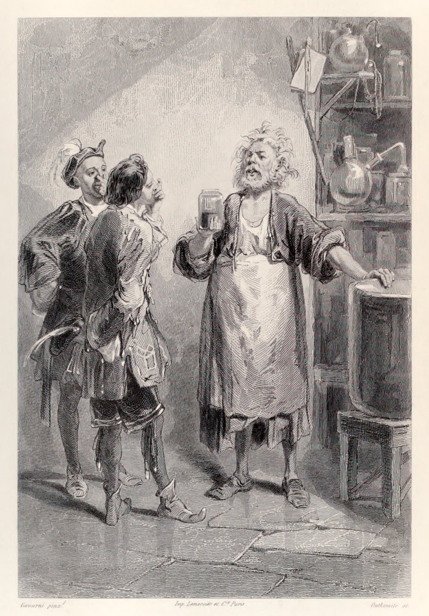 Gulliver kommer inn i et rom i det store akademiet i Lagado fylt med en frastøtende lukt, fra den franske utgaven av Gullivers Travels av Jonathan Swift av Paul Gavarni