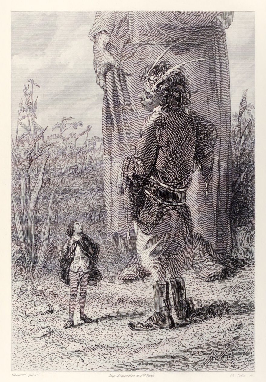 Gulliver møter Queens 30 fot høye dverg som er glad for å ha noen i retten som er mindre enn ham å plage, fra den franske utgaven av Gullivers Travels av Jonathan Swift av Paul Gavarni