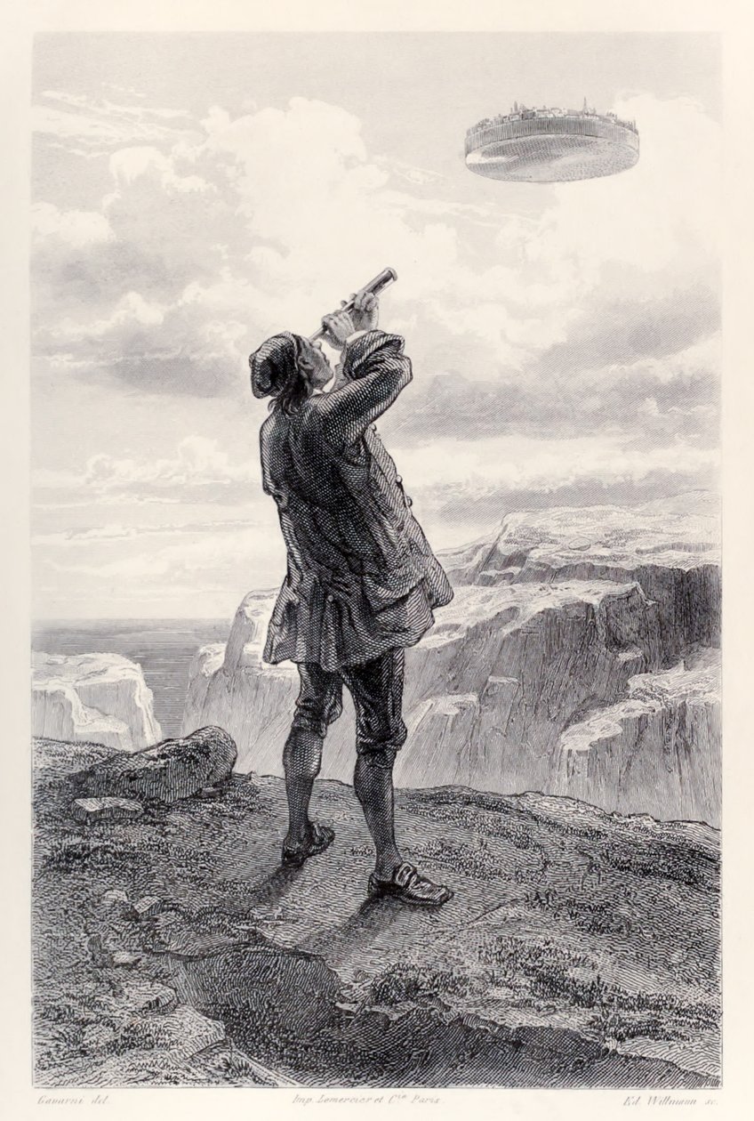 Gulliver ser den flygende øya Laputa for første gang, og undersøker den gjennom teleskopet sitt, fra den franske utgaven av Gullivers Travels av Jonathan Swift av Paul Gavarni