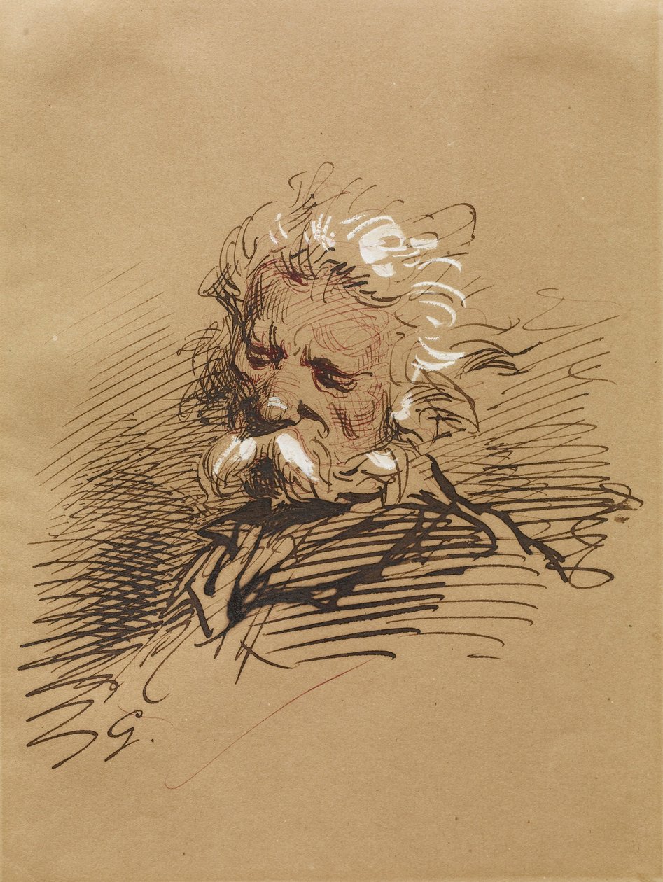 Head of an Old Man, ca. 1857 (blekk forhøyet med hvitt på papir) av Paul Gavarni