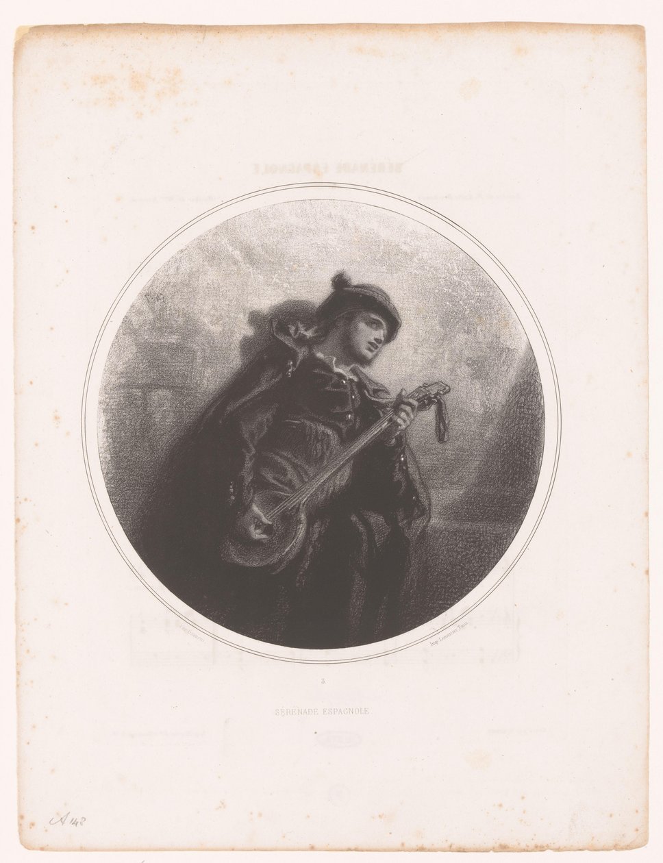 Mann med banjo synger og spiller en serenade Sérénade espagnole (tittel på objekt) Illustrasjoner til sangene til Jeanne Gavarni (serietittel) Illustrations des Mélodies de Madame Jeanne Gavarni (serietittel) av Paul Gavarni