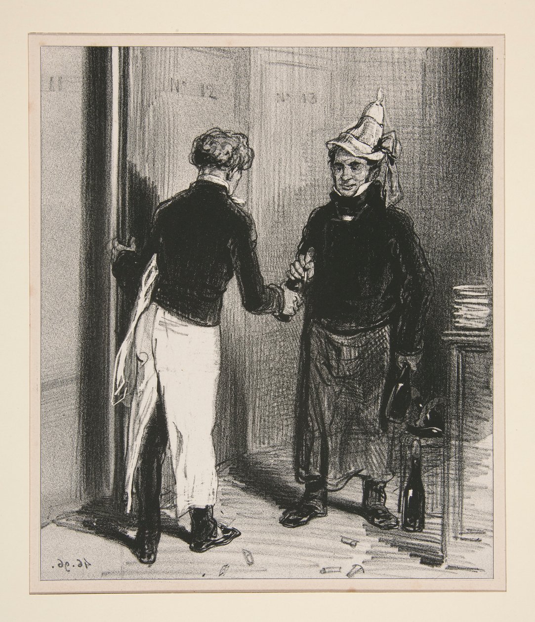 For to dominobrikker, en svart og en hvit, qu av Paul Gavarni