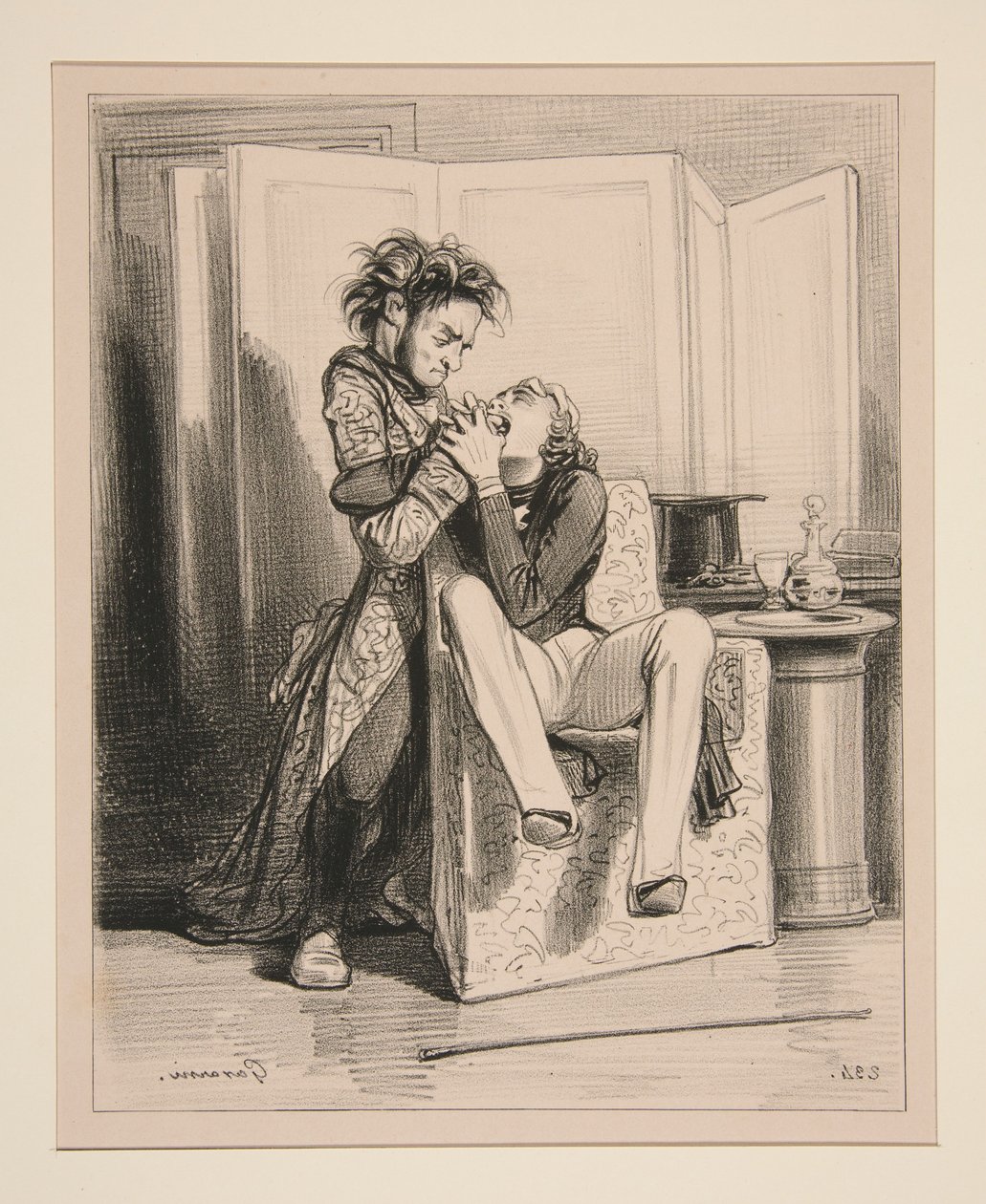 For å rettferdiggjøre at han er hos en tannleges kone, lar den stakkars Adolphe ektemannen trekke en tann på ham. av Paul Gavarni