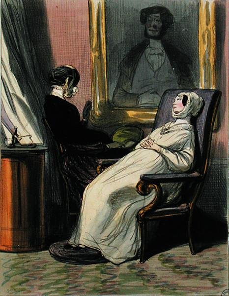 Gravid kvinne med moren (farge litho) av Paul Gavarni