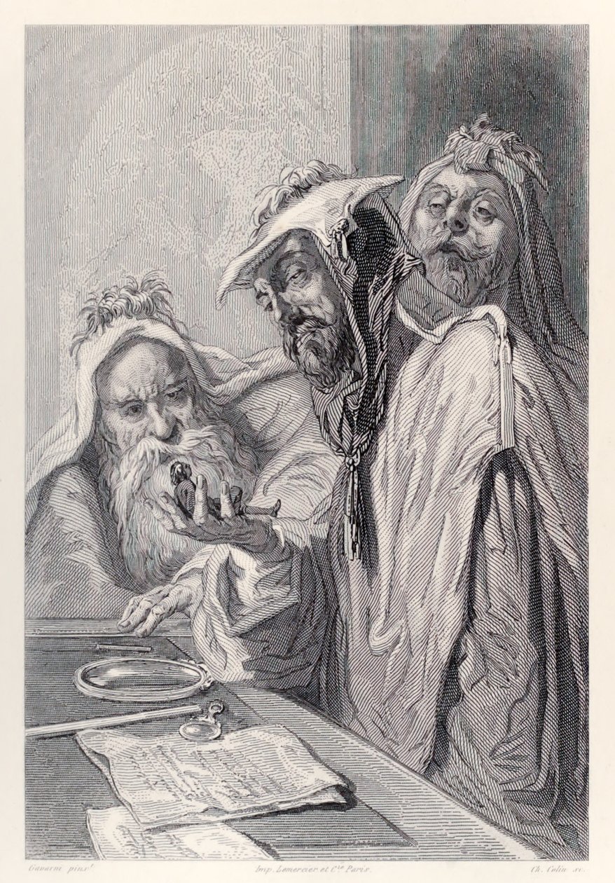 Forskerne på Lordbruldrud undersøker Gulliverf fra den franske utgaven av Gullivers Travels av Jonathan Swift av Paul Gavarni