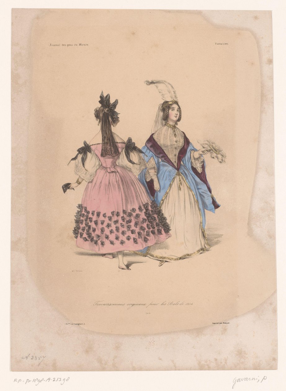 To kvinner i ballkjoler Transvestissemens originaux pour les Bals de 1834 (tittel på objekt) Fantasifulle klær (serietittel) Fantaisies (serietittel på objekt) av Paul Gavarni