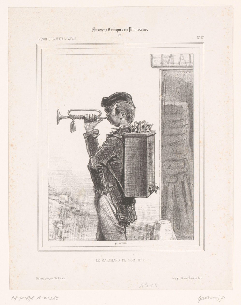 Verkoper van taps speelt trompet The Merchant of taps (tittel på objekt) Komische muzikanten (serietittel) Comical or Picturesque Musicians (serietittel på objekt) av Paul Gavarni