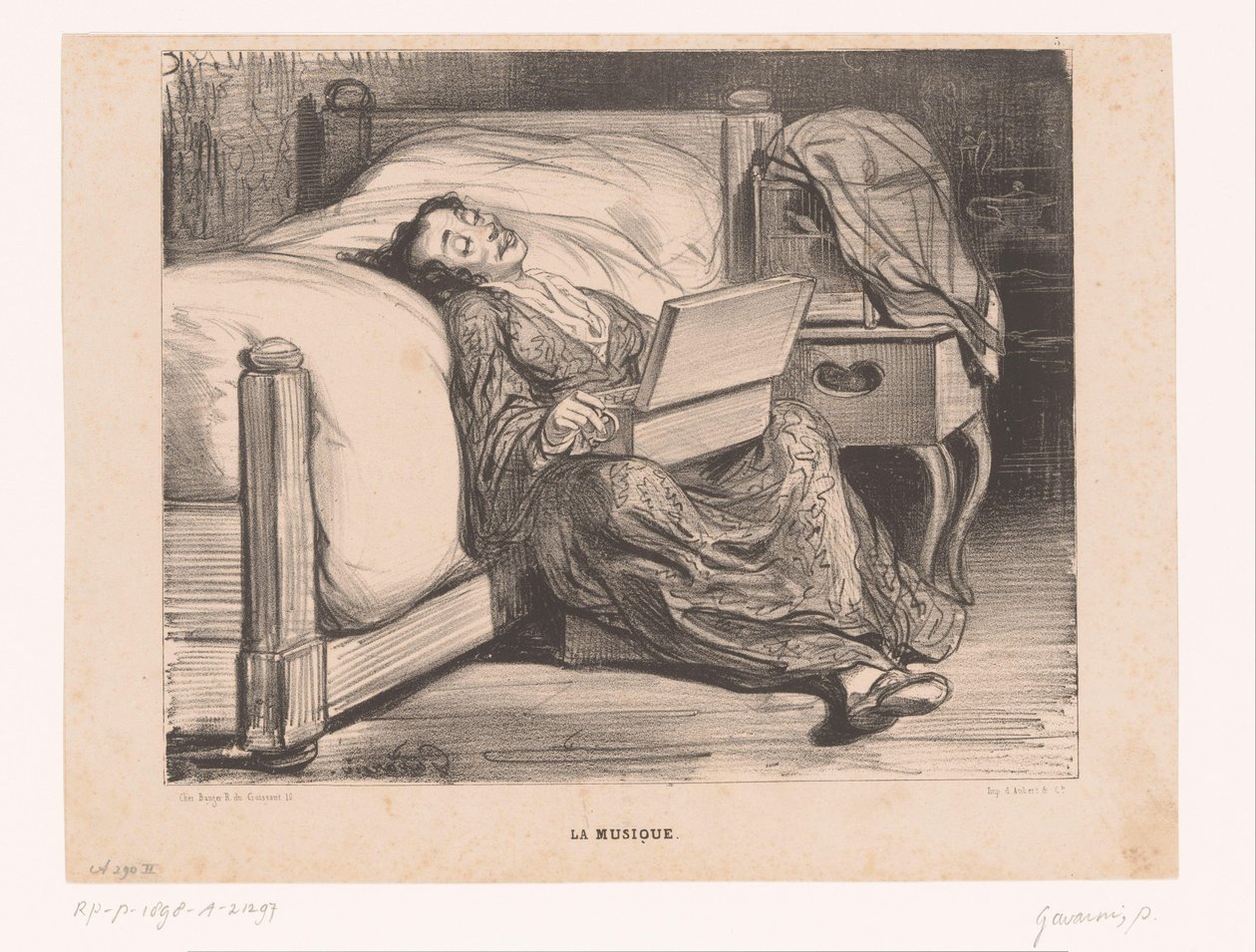 Kvinne i morgenkåpe med serinett La musique (tittel på objekt) Muses (serietittel) Les Muses (serietittel) av Paul Gavarni