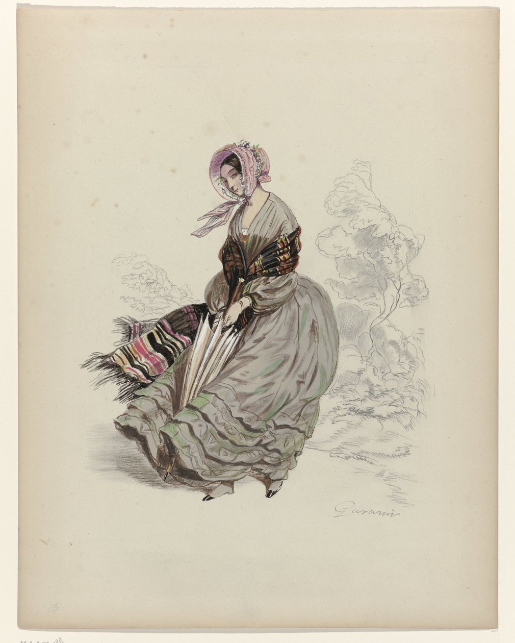 Kvinne som går i vinden med parasoll, 1840 av Paul Gavarni