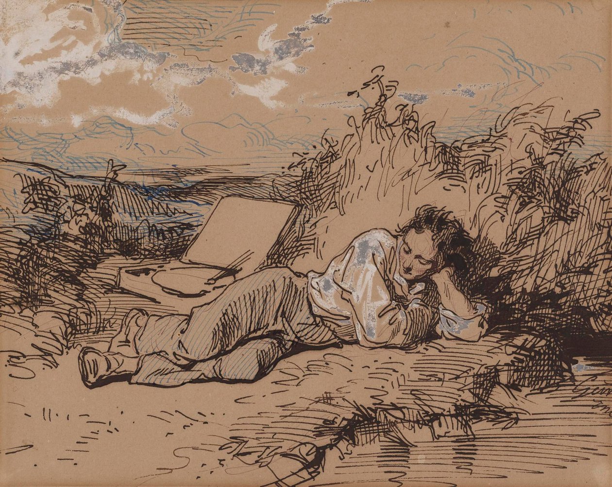 Ung kunstner som sover ved en bekk av Paul Gavarni