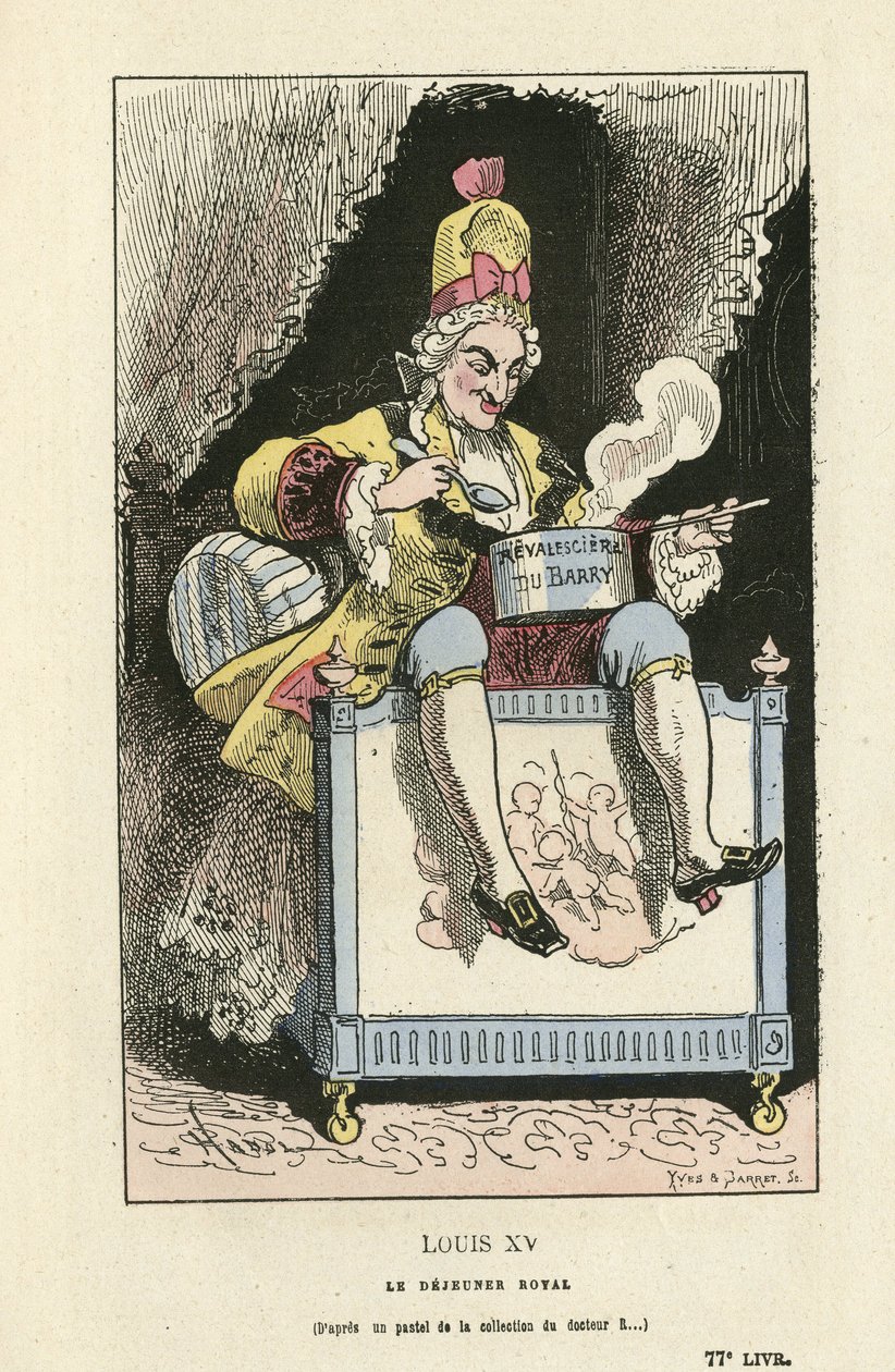 Illustrasjon av Hadol (1835-1875) i Histoire de France tintamarresque, ca. 1880 - Gammelt regime - Du Barry Jeanne, Louis XV av Paul Hadol