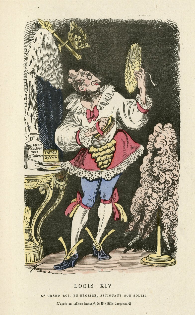 Illustrasjon av Hadol (1835-1875) i Histoire de France tintamarresque, ca. 1880 - Sminke, gammelt regime, sol, parykk - Ludvig XIV av Paul Hadol