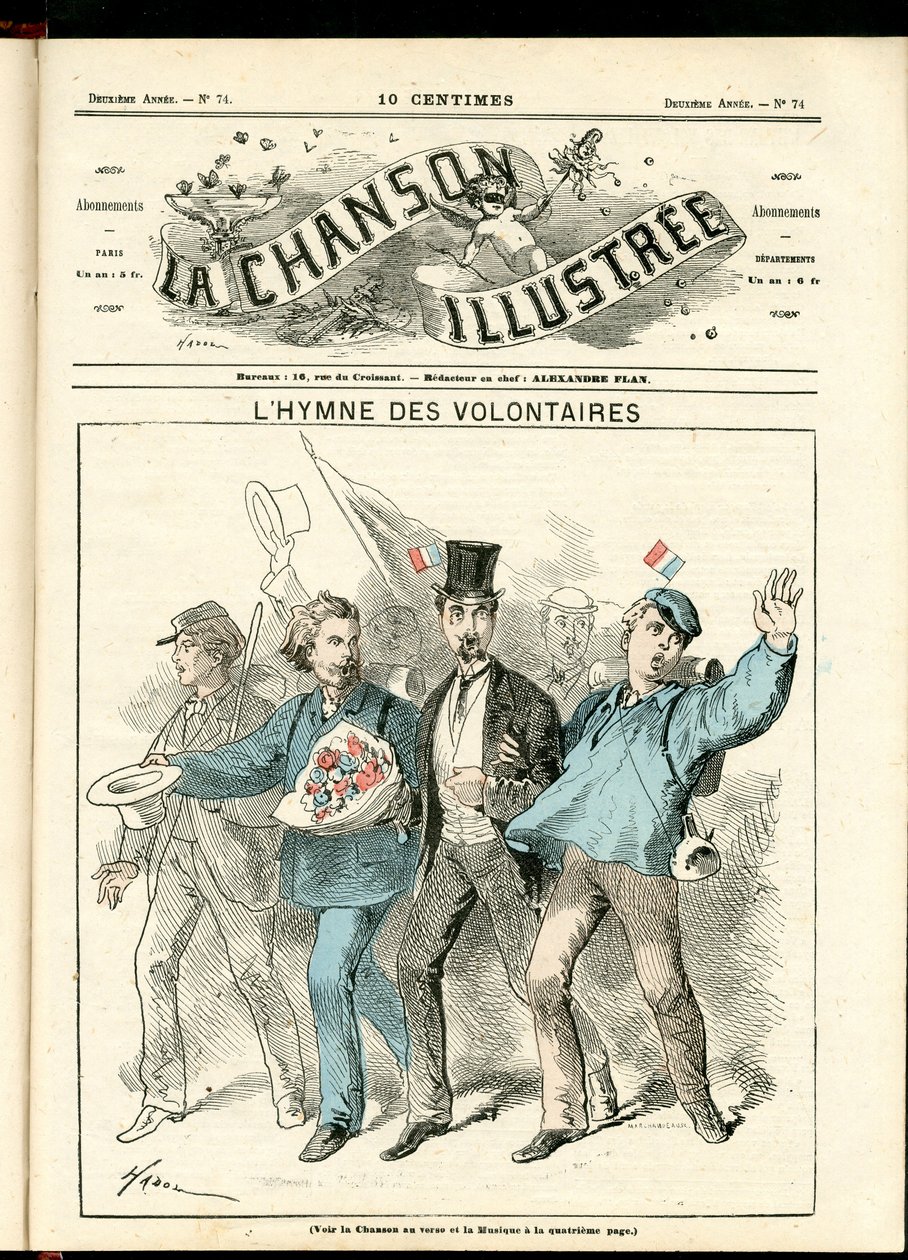 La Chanson illustrée (magasin), nummer 74, Satirical in Color, ca. 1870: De frivilliges hymne - Krig 1870-1871, Patriotisme - Illustrasjon av Hadol (1835-1875) av Paul Hadol