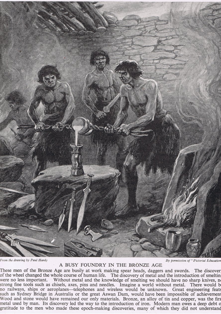 A Busy Foundry in the Bronse Age, illustrasjon fra 'The Story of the British People', ca. 1950 av Paul Hardy