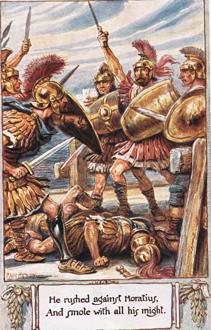 Han stormet mot Horatius og slo ham med all sin makt, illustrasjon fra "The Lays of Ancient Rome", av Thomas Babington Macaulay av Paul Hardy
