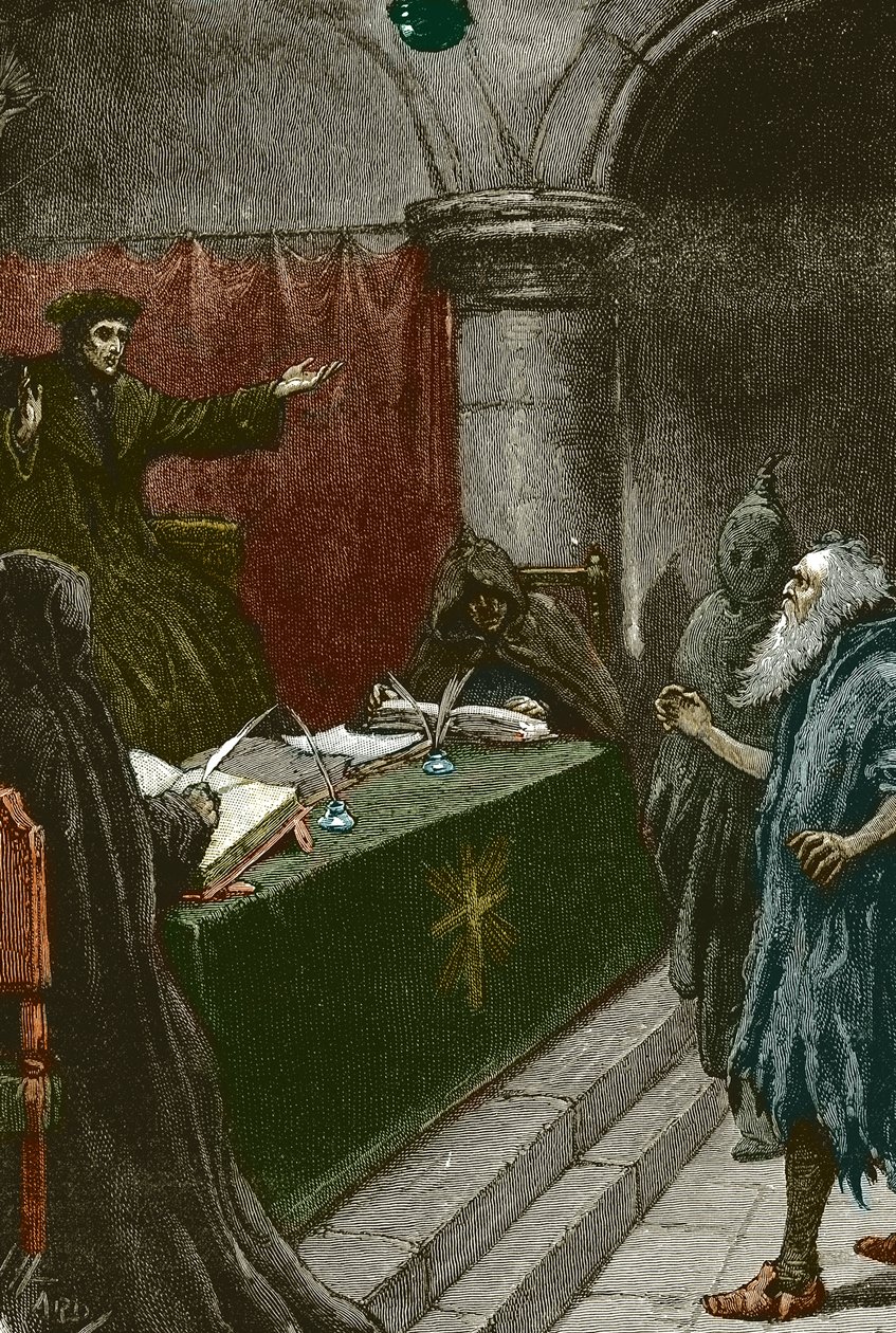 Inkvisisjon og utvisning av jødene i Spania: en spansk jøde før storinkvisitoren rundt 1492 på tidspunktet for utgivelsen av dekretet om Alhambra - Illustrasjon av Paul Hardy 1891 spansk jøde før storinkvisitoren av Paul Hardy