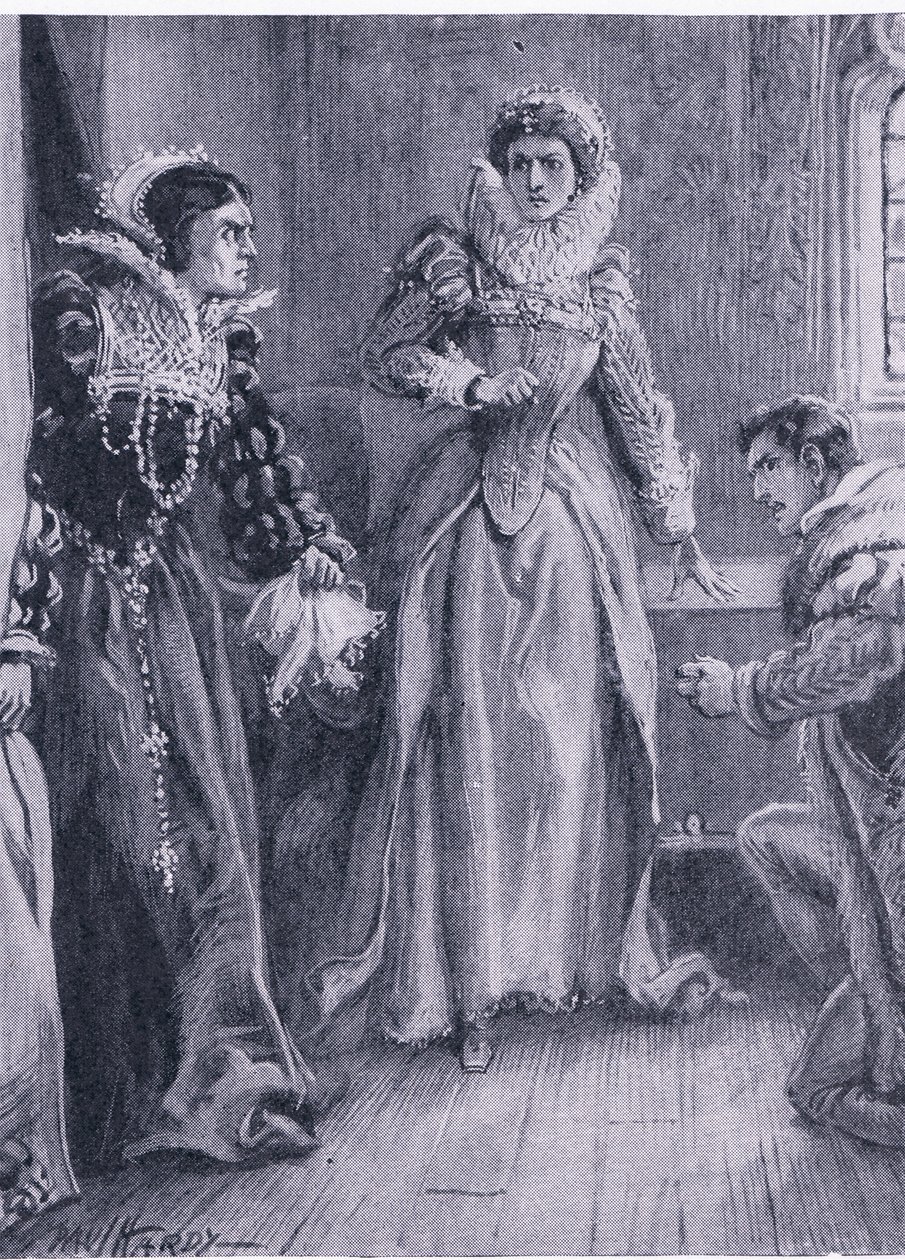 Dronning Mary Elizabeth og Courtenay Jeg vil svare på det spørsmålet ropte Mary og kastet Arras til side, illustrasjon fra The Worlds Library of Best Books, ca. 1940 av Paul Hardy