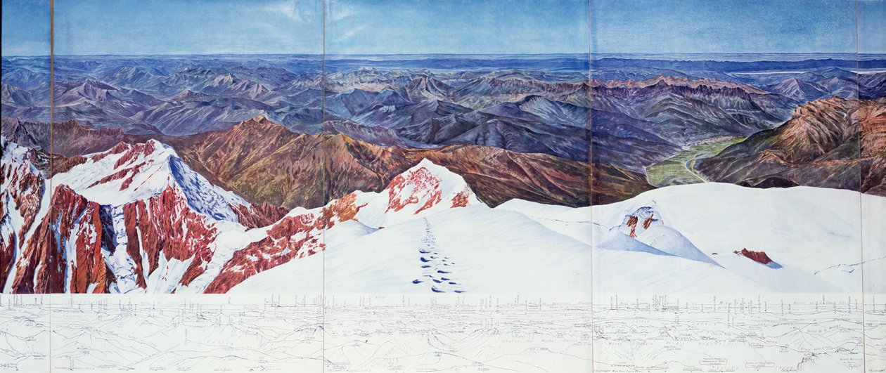 Panoramautsikt over toppen av Pelvoux (sommet du Pelvoux) i Massif des Ecrins, franske alper (fotogravyr) (se også 404290) av Paul Helbronner