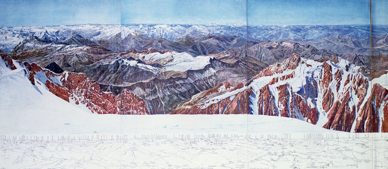 Panoramautsikt over toppen av Pelvoux (sommet du Pelvoux) i Massif des Ecrins, franske alper (fotogravyr) (se også 404291) av Paul Helbronner