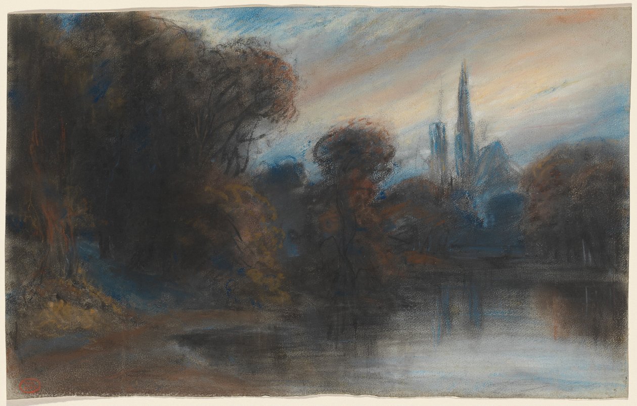 Et kloster ved en skogkledd innsjø ved Twilight av Paul Huet