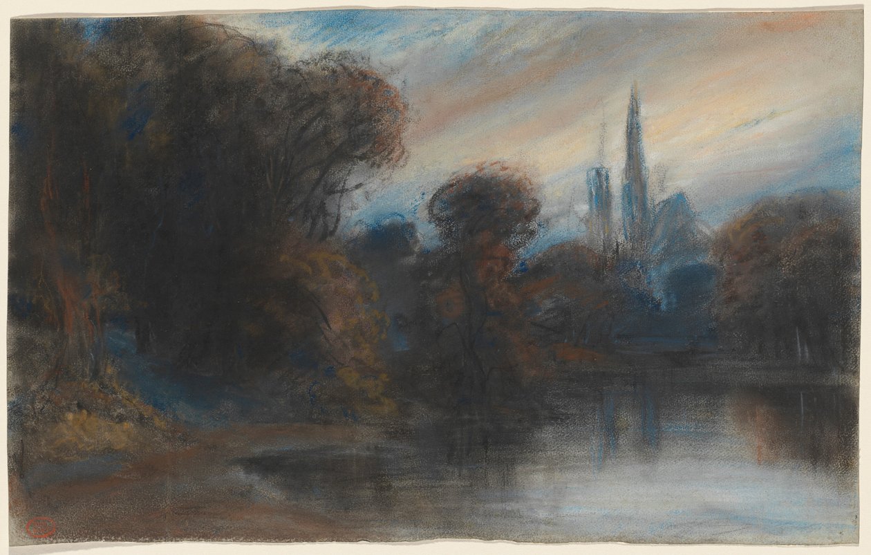 Et kloster ved en skogkledd innsjø i skumringen av Paul Huet